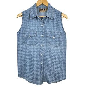 Vintage Ignite Basics Denim Button Up Shirt S Blue Houndstooth Western Rodeo